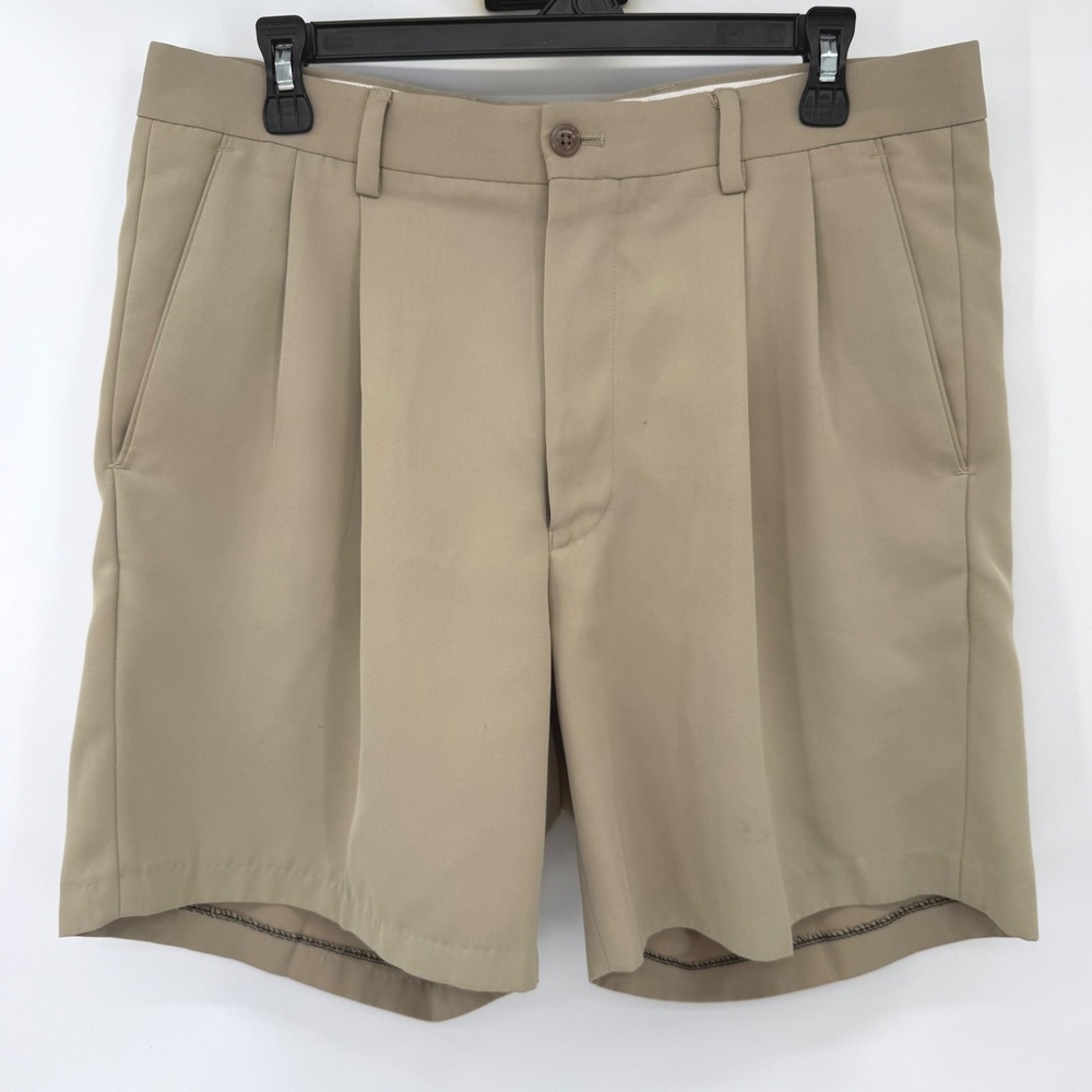 Alan Flusser Golf Shorts Mens 34 Tan Khaki Pleated Front Classic Fit Polyester